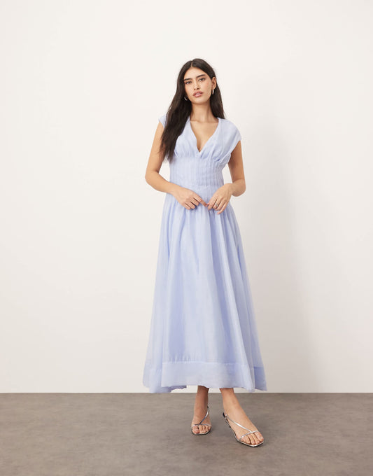 Organza Pleat Waist Midi Dress With Tie Back Detail