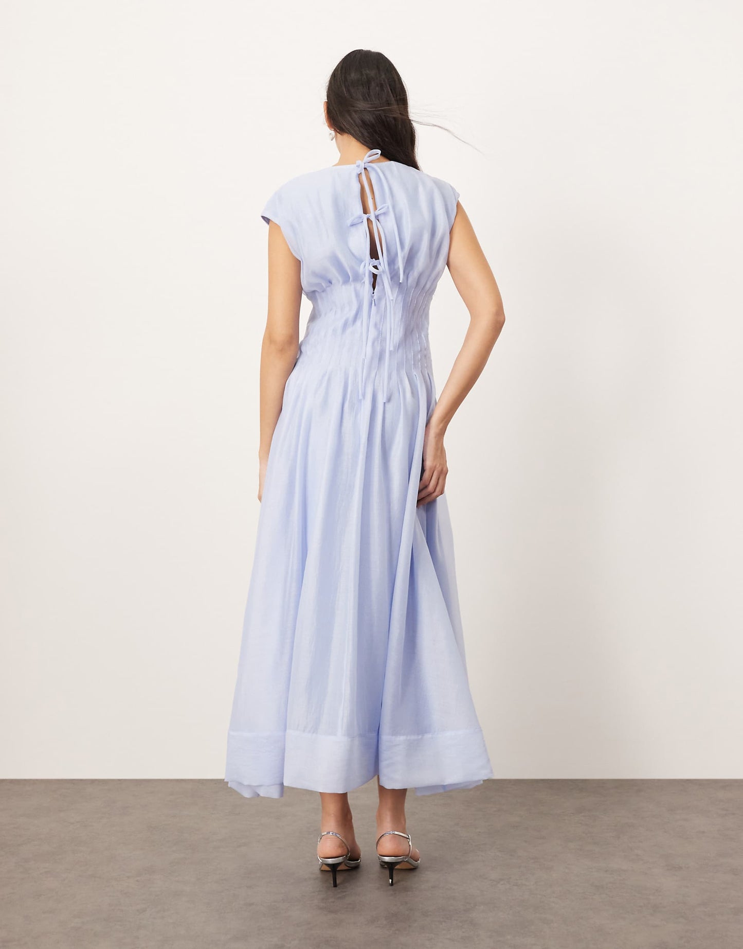 Organza Pleat Waist Midi Dress With Tie Back Detail