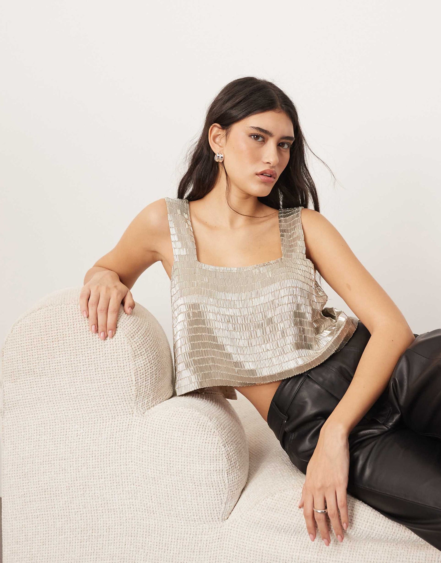 Embellished Beaded Square Neck Boxy Crop Top