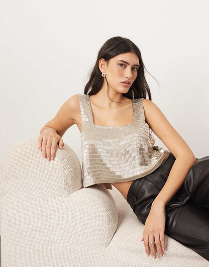 Embellished Beaded Square Neck Boxy Crop Top