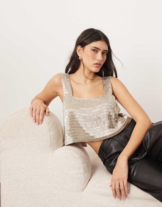Embellished Beaded Square Neck Boxy Crop Top
