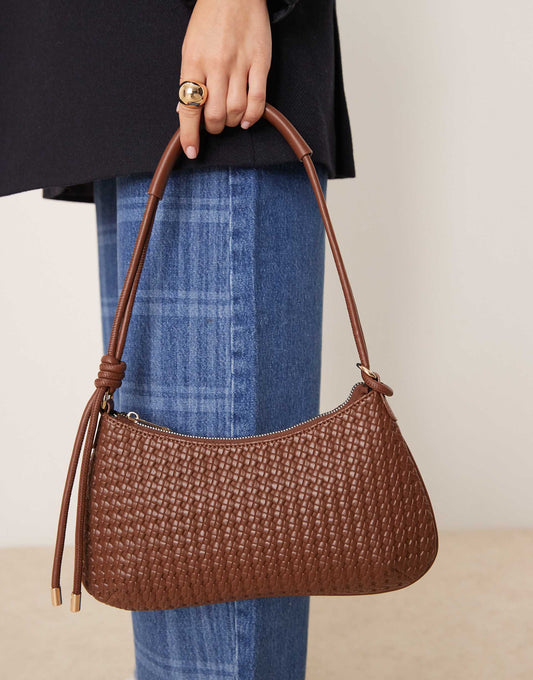 Woven Shoulder Bag With Knot Detail Skinny Strap