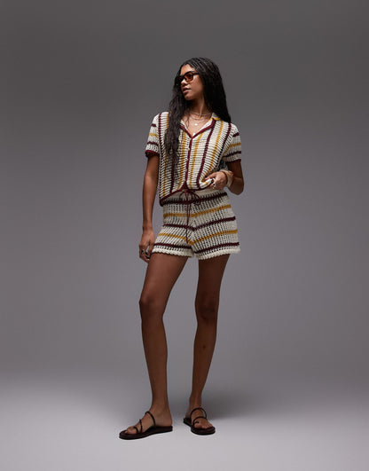 Knitted Co-Ord Open Stitch Stripe Short