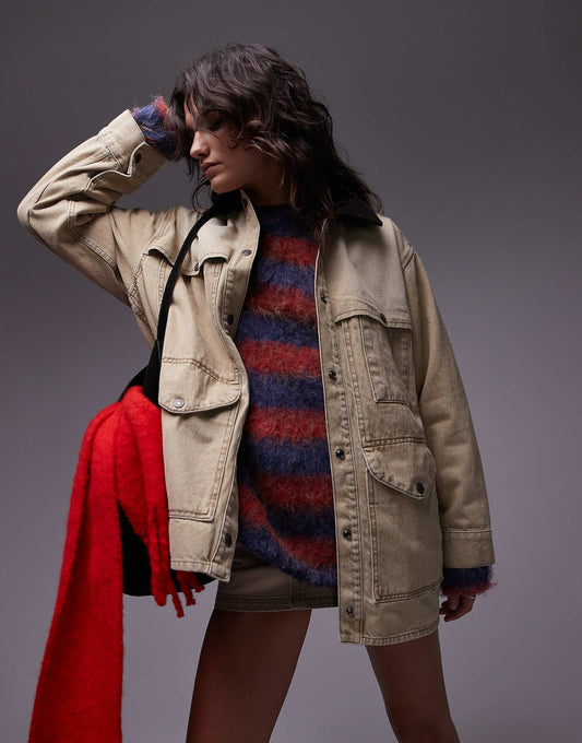 Denim Barn Jacket With Cord Collar