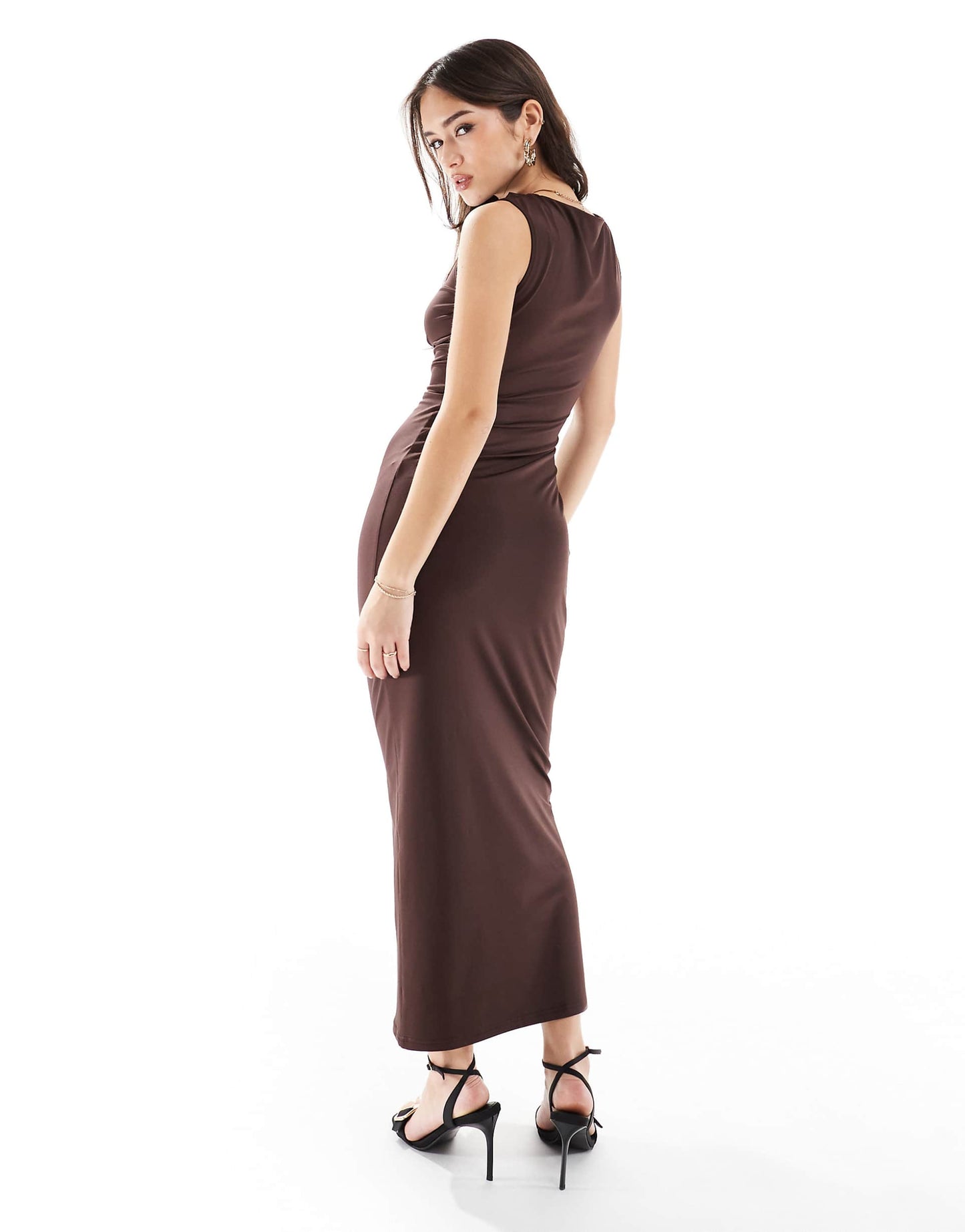 Sleeveless Ruched Slashneck Maxi Dress