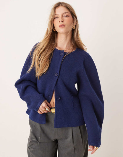 Knitted Structured Crew Neck Cardigan