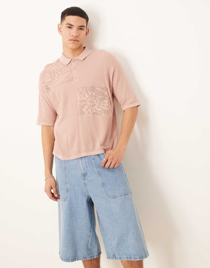 Relaxed Boxy Fit Knitted Polo With Floral Patchwork Pattern