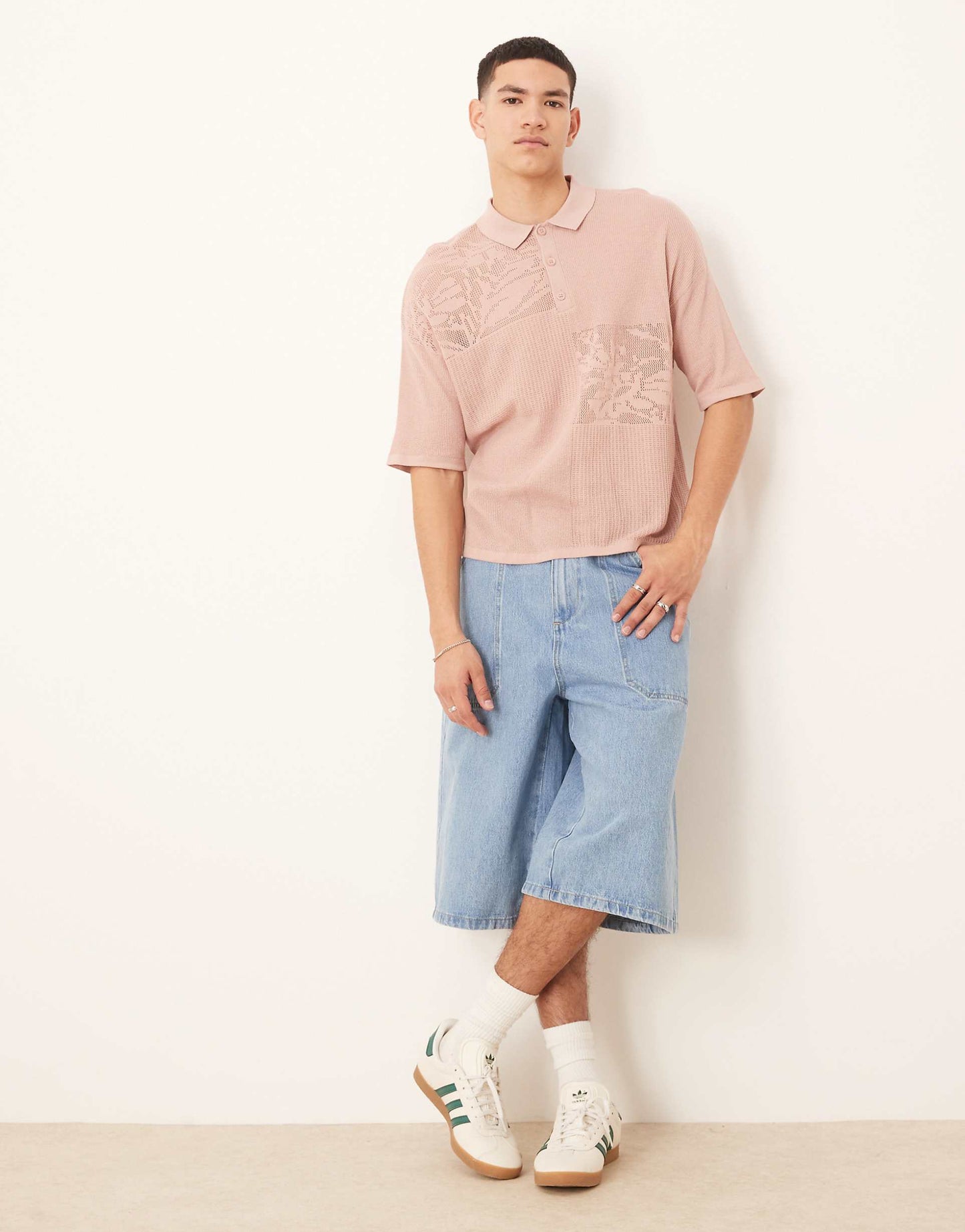 Relaxed Boxy Fit Knitted Polo With Floral Patchwork Pattern