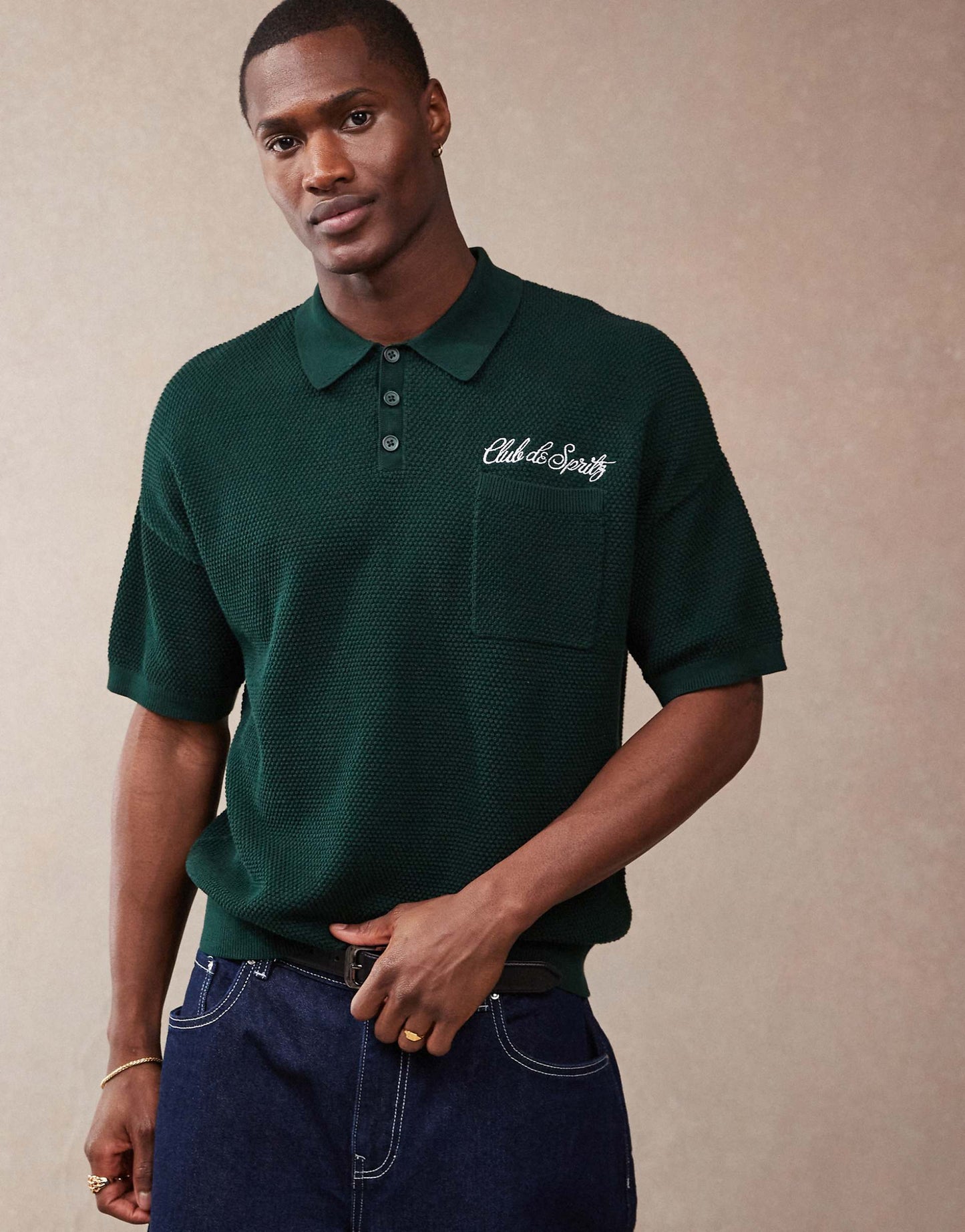 Relaxed Boxy Fit Knitted Polo With Chest Pocket And Embroidery Text