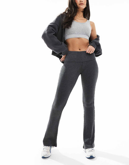 Fold Over Waistband Ribbed Flare Trousers