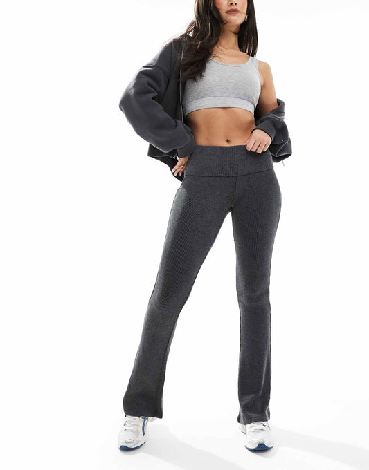 Fold Over Waistband Ribbed Flare Trousers