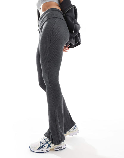 Fold Over Waistband Ribbed Flare Trousers