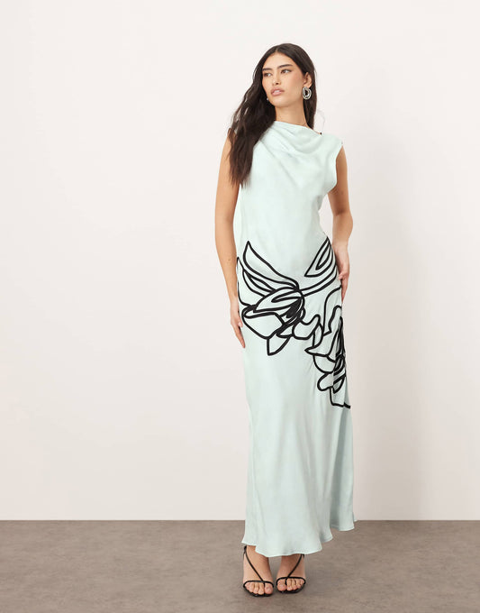 Linear Floral Asymmetric Column Maxi Dress