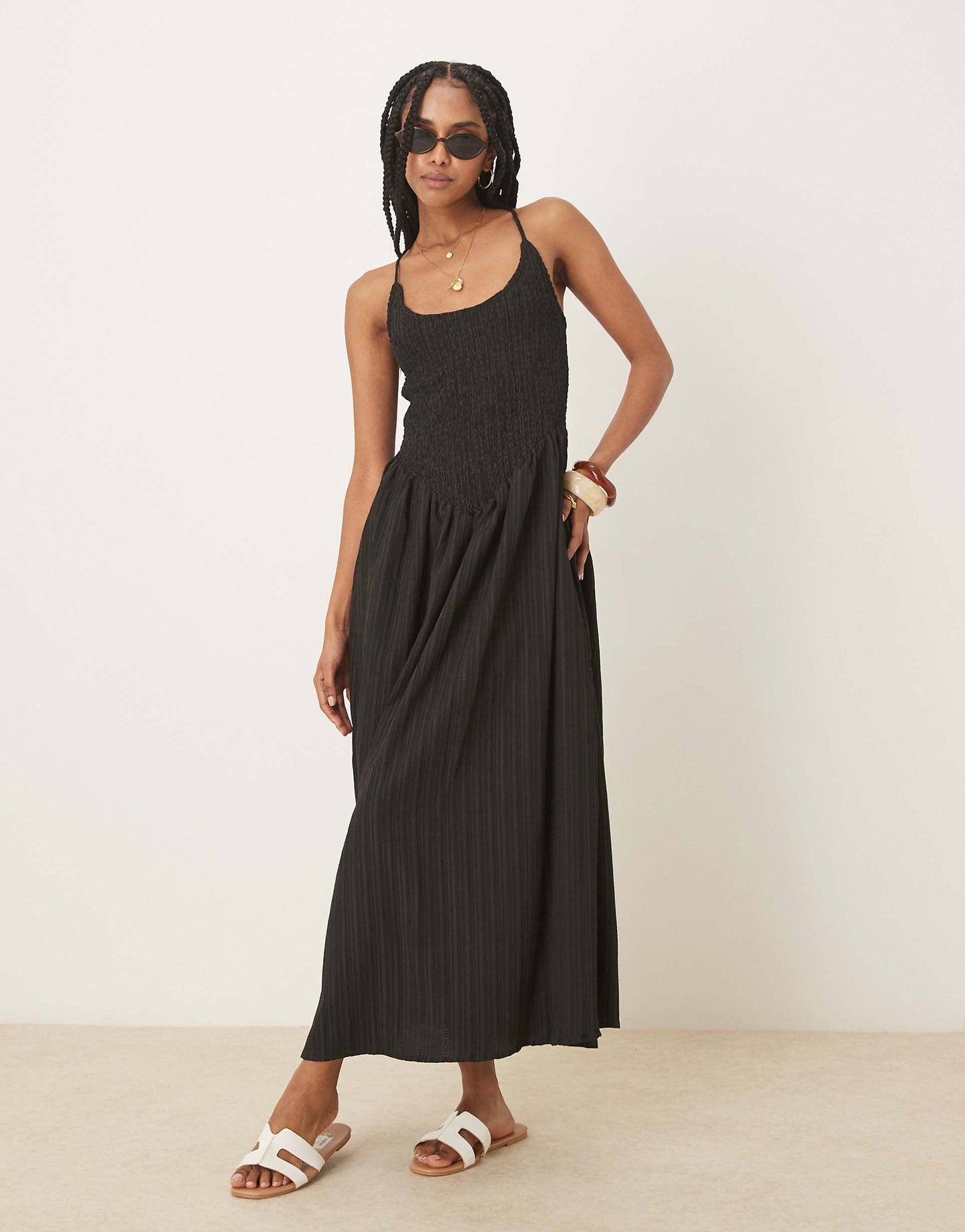 Scoop Neck Crinkle Maxi Dress With Cross Back