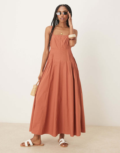 Scoop Neck Pleat Waist Midi Dress