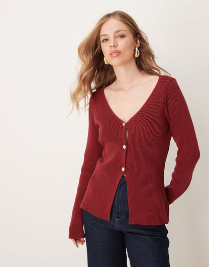 Knitted V Neck Structured Cardigan With Gold Buttons