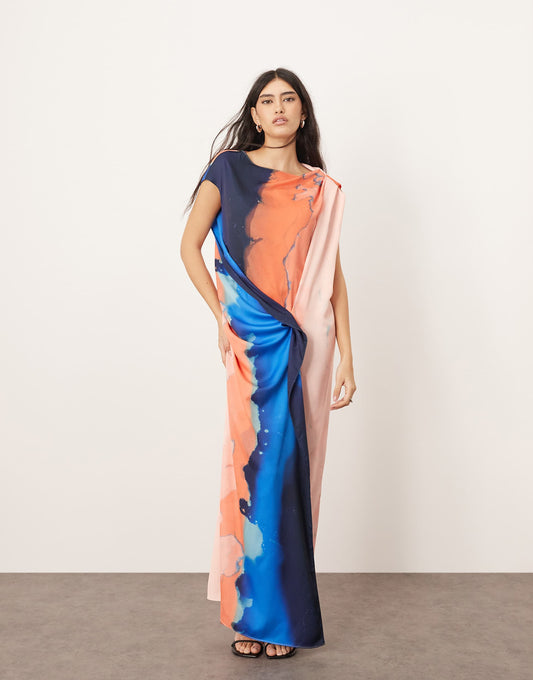 Satin Side Drape Off Shoulder Maxi Dress