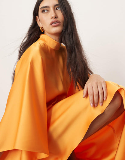High Neck Cape Sleeve Mini Dress With Asymmetric Hem