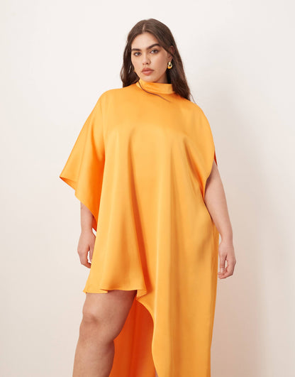 Curve High Neck Cape Sleeve Mini Dress With Asymmetric Hem