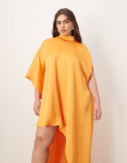 Curve High Neck Cape Sleeve Mini Dress With Asymmetric Hem