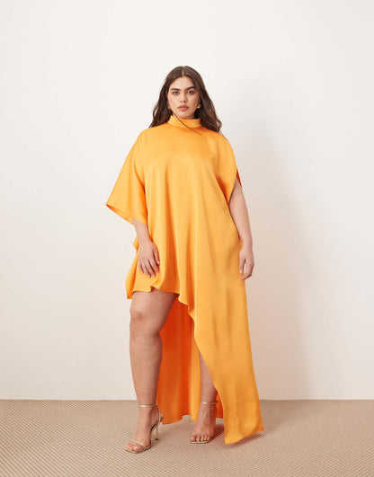 Curve High Neck Cape Sleeve Mini Dress With Asymmetric Hem