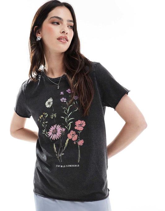 Acid Wash Floral Bouquet Print T-Shirt