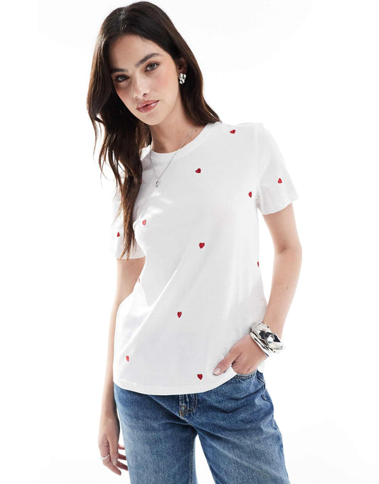 Heart Embroidery Crew Neck T-Shirt