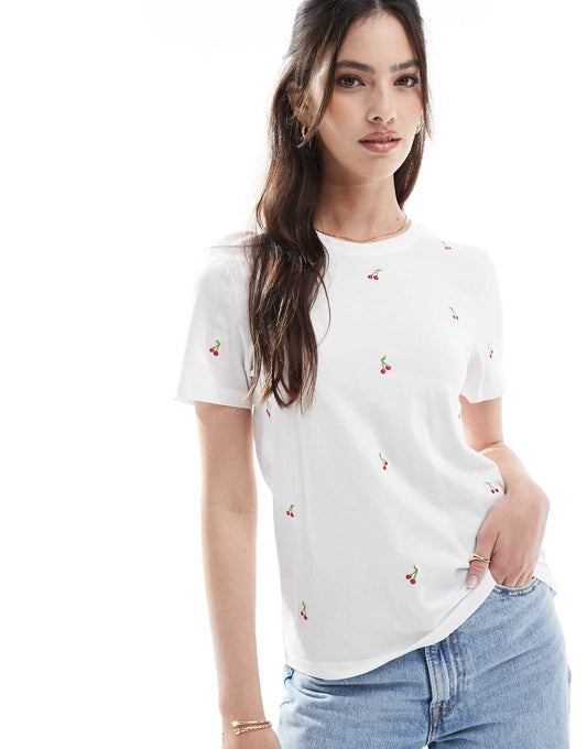 Cherry Embroidery Crew Neck T-Shirt