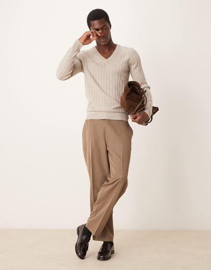 Muscle Fit Ribbed V Neck Jumper