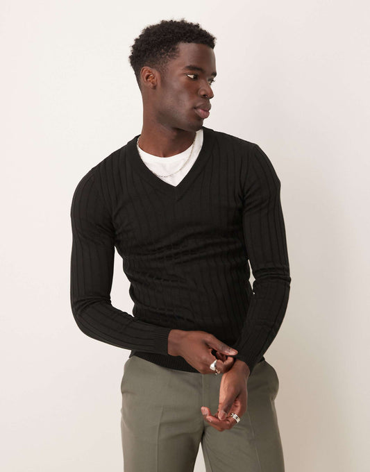 Muscle Fit Ribbed V Neck Jumper