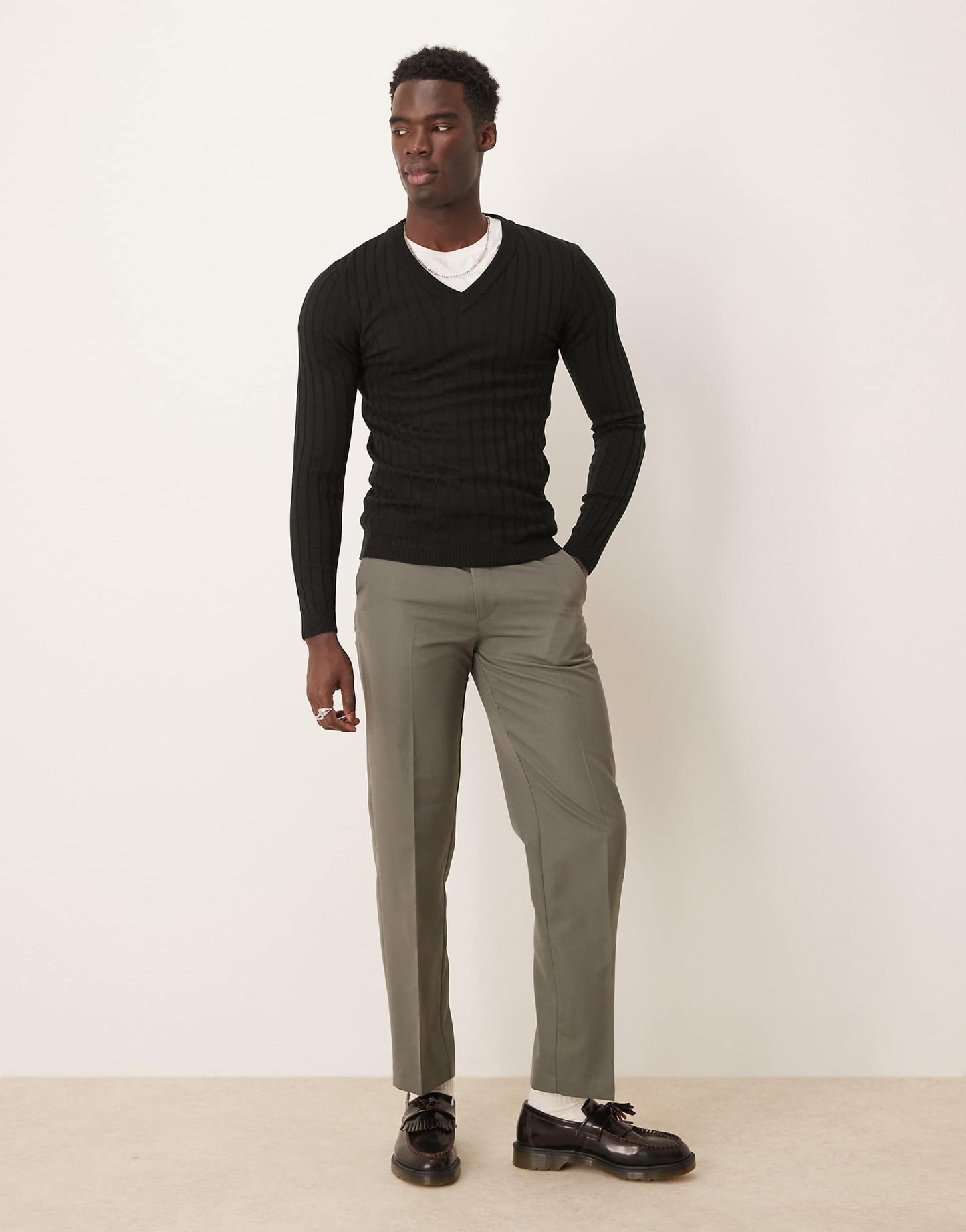 Muscle Fit Ribbed V Neck Jumper