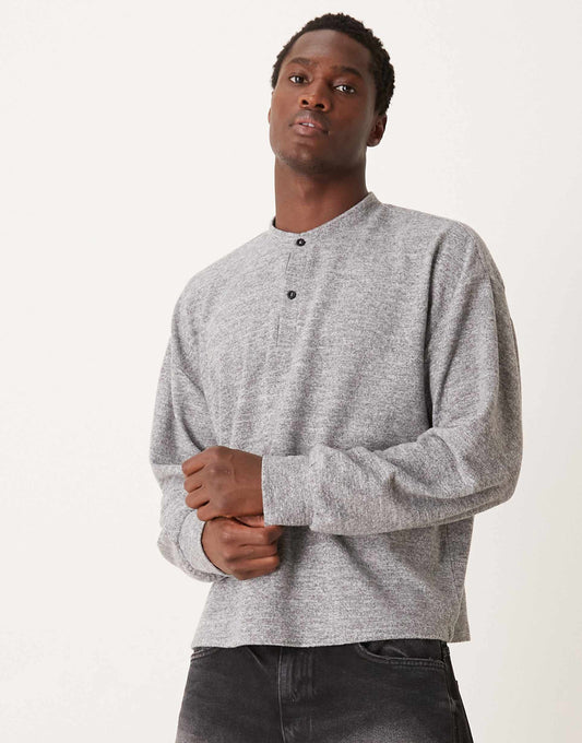 Oversized Boxy Long Sleeve T-Shirt With Henley Neck