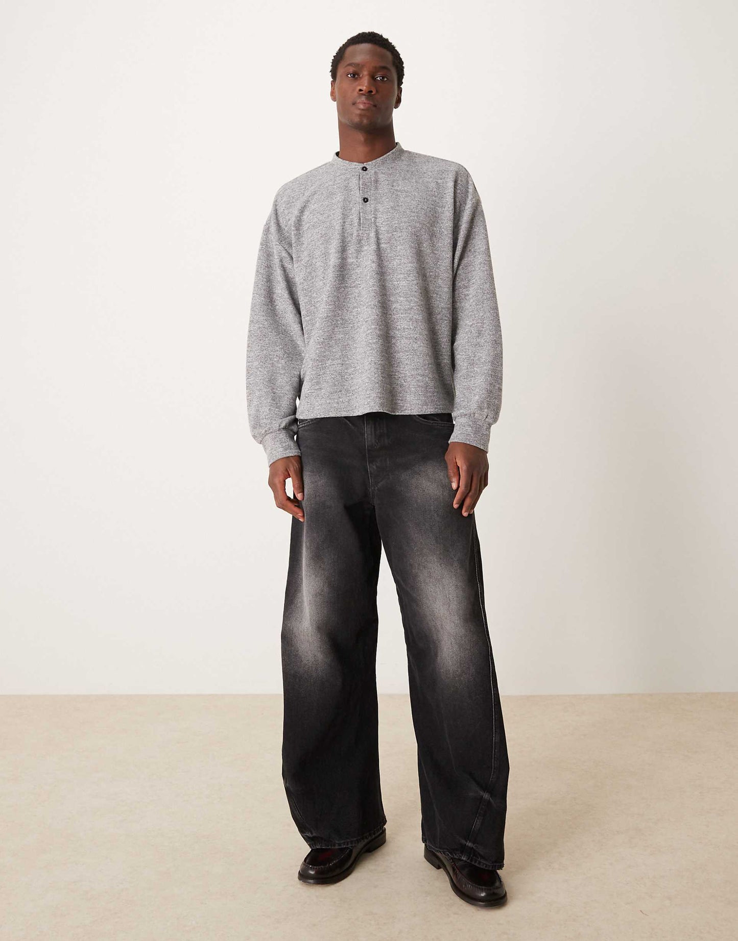 Oversized Boxy Long Sleeve T-Shirt With Henley Neck