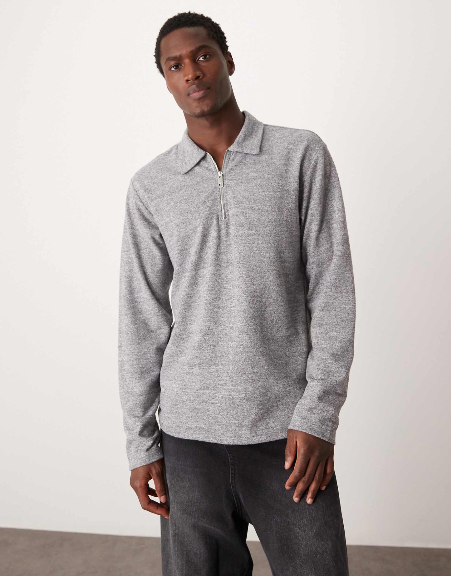 Long Sleeve Brushed Rib Polo With Zip