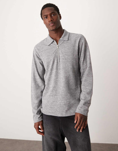Long Sleeve Brushed Rib Polo With Zip