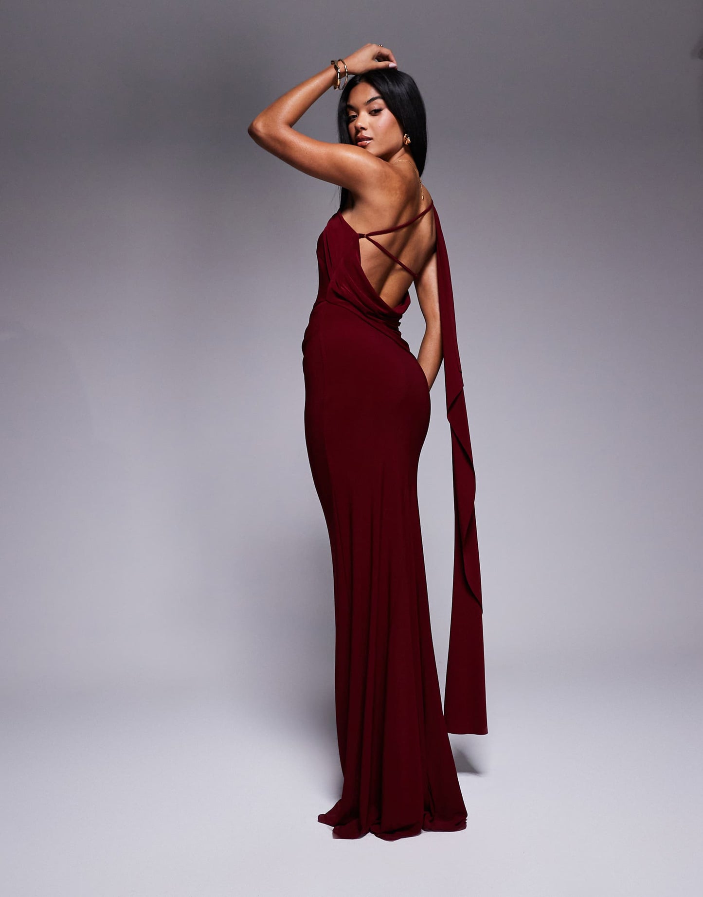 One Shoulder Drape Detail Maxi Dress With Train