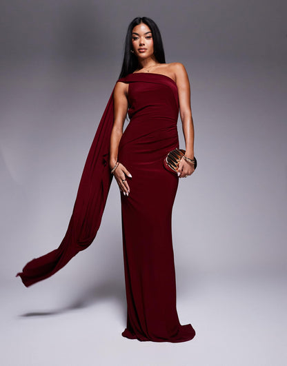 One Shoulder Drape Detail Maxi Dress With Train