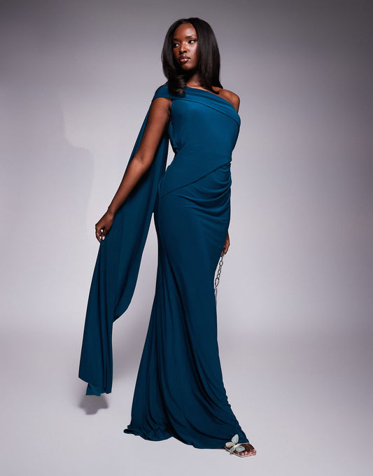 One Shoulder Drape Detail Maxi Dress With Train