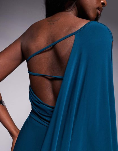 One Shoulder Drape Detail Maxi Dress With Train