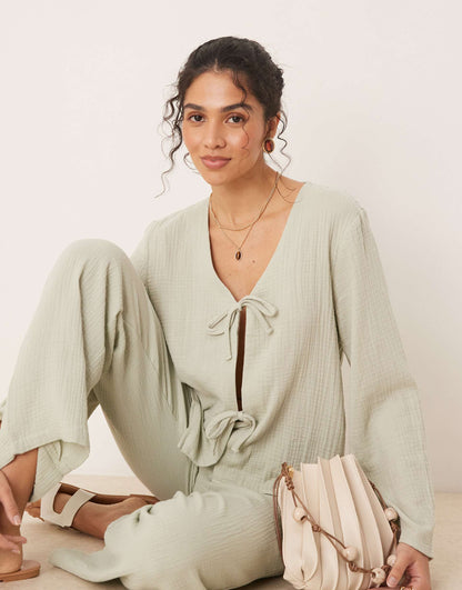 Tie Front Cheesecloth Shirt Co-Ord