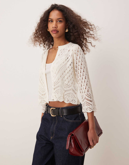 3/4 Sleeve Crop Broderie Cardigan