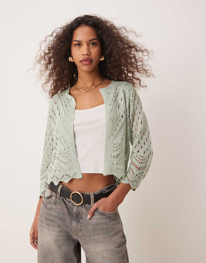 3/4 Sleeve Crop Broderie Cardigan