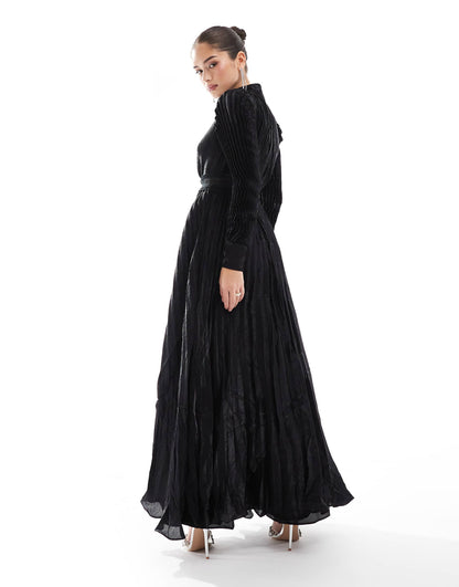 Pleated Long Sleeve Maxi-Dress