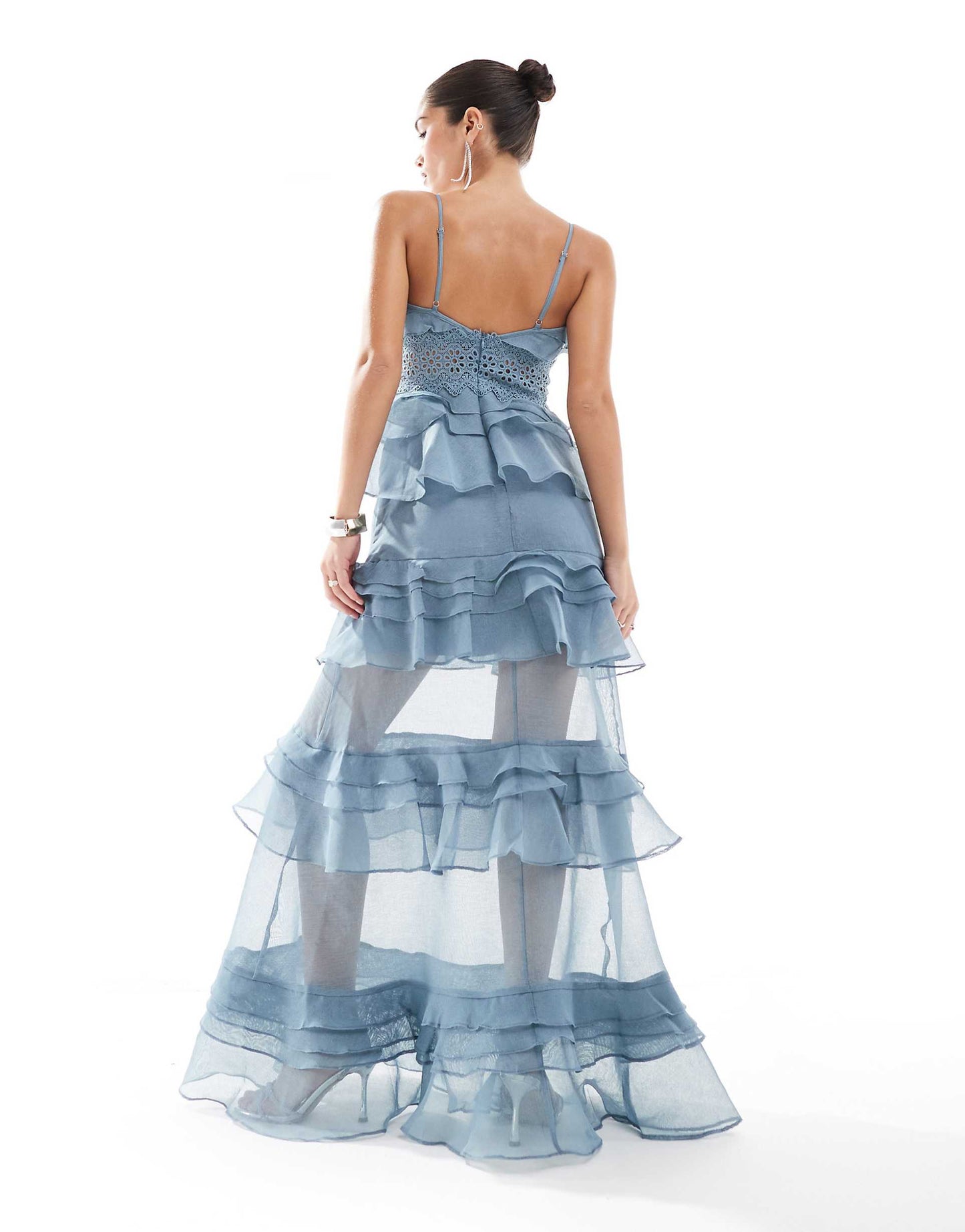 Plunge Front Tiered Ruffle Maxi-Dress