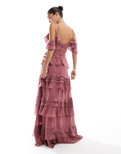 Plunge Front Tiered Ruffle Maxi Dress