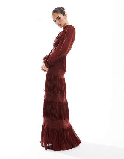 High-Neck Pleated Maxi Dress