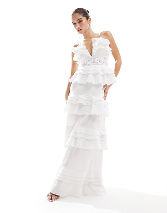 Plunge Front Tiered Ruffle Maxi-Dress