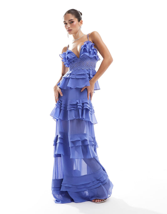Plunge Front Tiered Ruffle Maxi-Dress