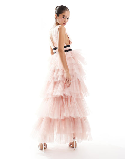 Plunge Front Tulle Layered Maxi Dress