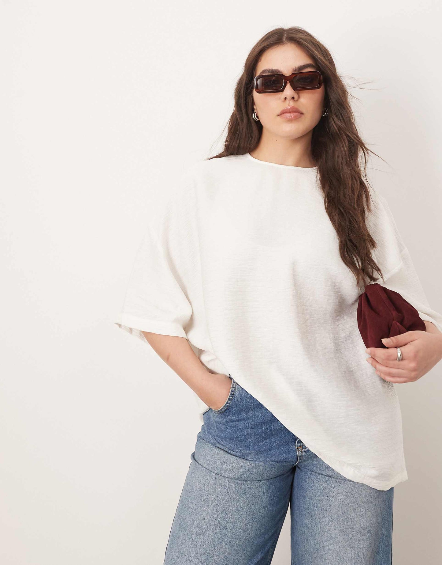 Curve Textured Boxy Woven T-Shirt White